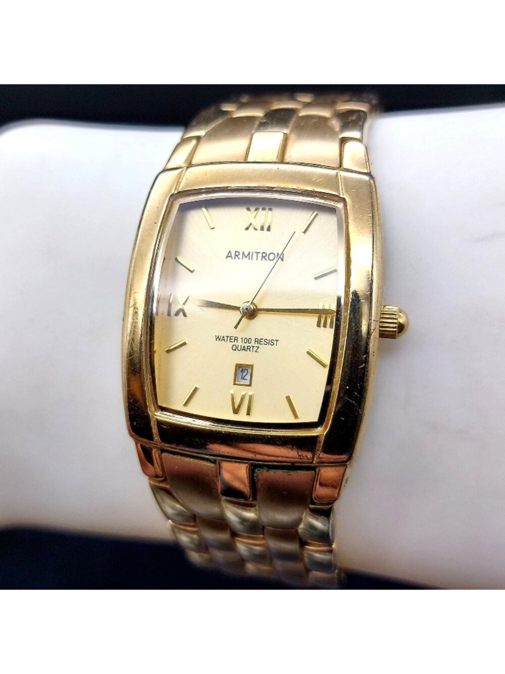 Mens Armitron Gold Tone Wrist Watch New Battery Date Quartz Tonneau 28mm